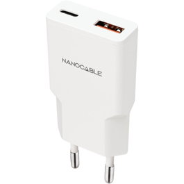 Nanocable Cargador de Pared 20W con USB-C PD y USB-A QC, Blanco